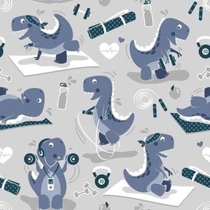 Small scale // Fitness exercises for a dino // grey background blue t-rex dinosaurs