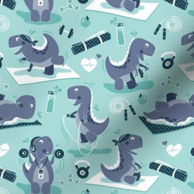Small scale // Fitness exercises for a dino // aqua background blue t-rex dinosaurs