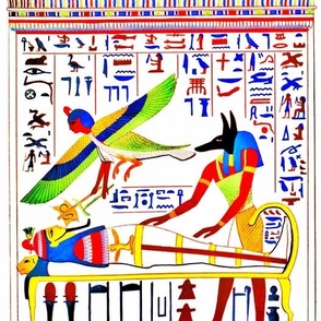 Anubis God ancient egypt egyptian king pharaoh gold mummy death masks tomb mummification Embalmer Ba bird harpy harpies Osiris hieroglyphics jackal tombs graves dead corpse afterlife souls tribal red green yellow blue   