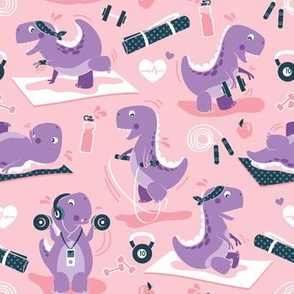 Small scale // Fitness exercises for a dino // pink background purple violet t-rex dinosaurs