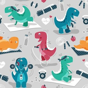 Small scale // Fitness exercises for a dino // grey background red teal green and orange t-rex dinosaurs