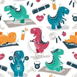 Small scale // Fitness exercises for a dino // white background red teal green and orange t-rex dinosaurs