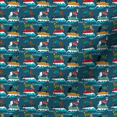 TINY - surfing dog greyhound fabric - surfing dog, surfing fabric, dog fabric, greyhound fabric, greyhounds fabric, hawaiian shirt fabric, cute hawaii shirt dogs - dark blue