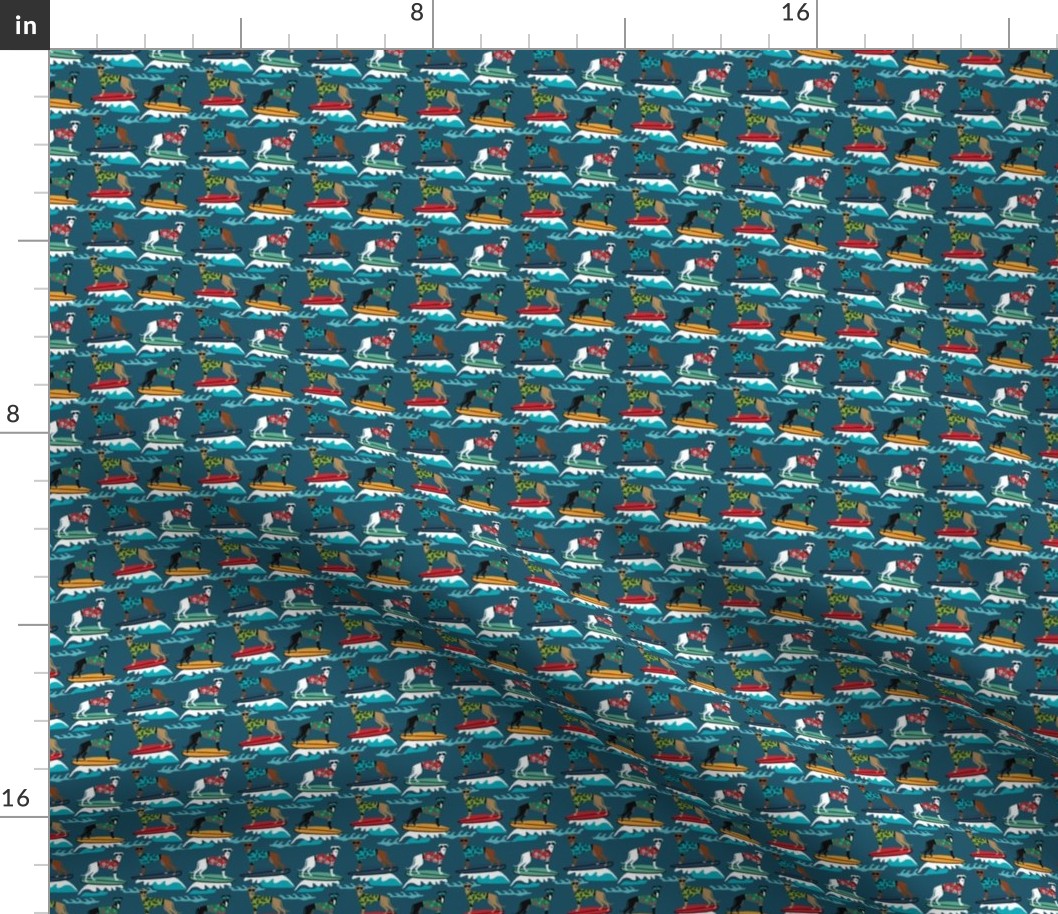 TINY - surfing dog greyhound fabric - surfing dog, surfing fabric, dog fabric, greyhound fabric, greyhounds fabric, hawaiian shirt fabric, cute hawaii shirt dogs - dark blue