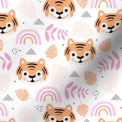 Little tiger cub with botanical leaves and rainbow jungle kids summer design pink peach girls