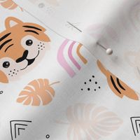 Little tiger cub with botanical leaves and rainbow jungle kids summer design pink peach girls