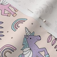 Unicorns and rainbow dreams sky and summer palm leaves pink mint lilac girls