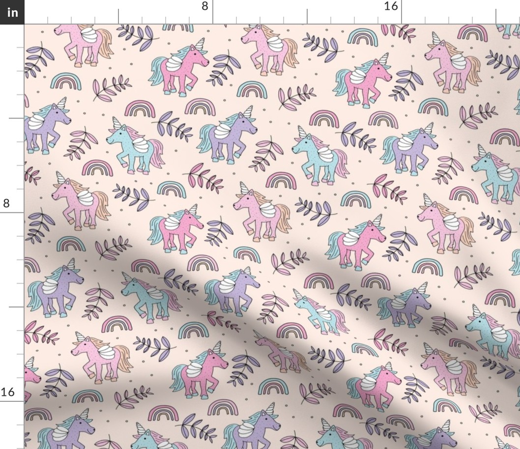 Unicorns and rainbow dreams sky and summer palm leaves pink mint lilac girls