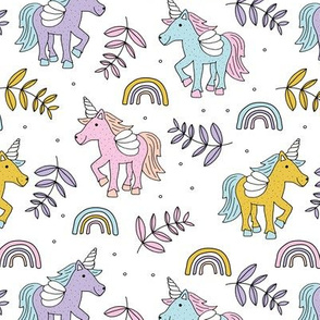 Unicorns and rainbow dreams sky and summer palm leaves colorful girls