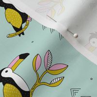 Sweet little toucan branch leaves and birds yellow pink