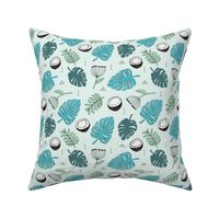 Coconut island jungle leaves monstera and palm leaves tropical summer design blue green