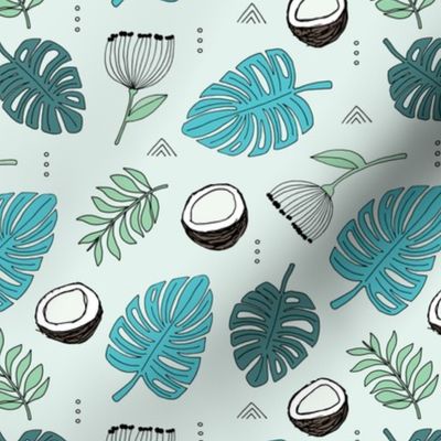Coconut island jungle leaves monstera and palm leaves tropical summer design blue green