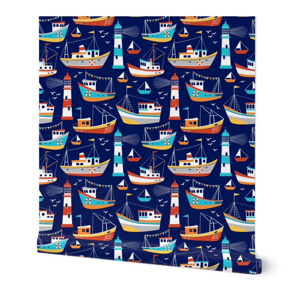 fishing boats - dark blue, large