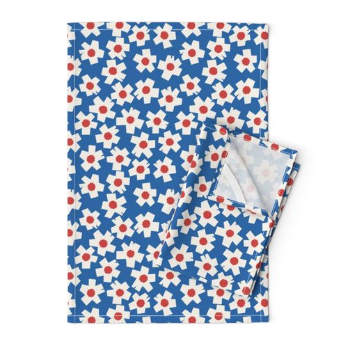 Square Flowers in bright blue, warm red, cream