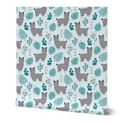 Sweet summer Llama garden with monstera leaves and cacti flowers gray blue