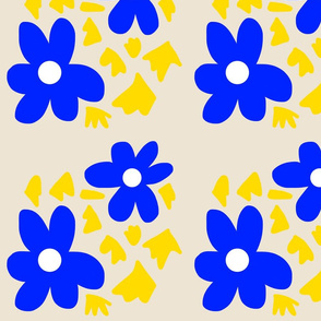 Daisy Stencil - blue and yellow on beige 