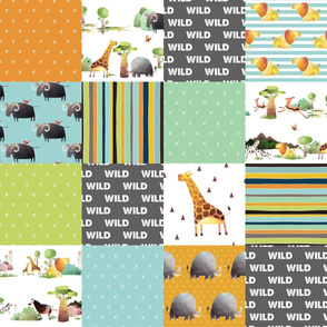 Jungle Animals Quilt Top –  Wild African Animals Patchwork, Kids Bedding Blue Green Orange Gray