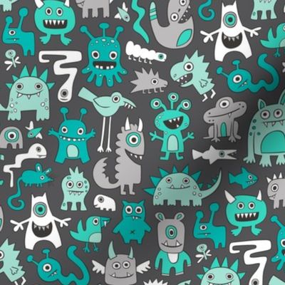 Monsters in Green Mint on Dark Grey