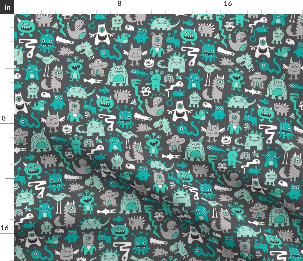 Monsters in Green Mint on Dark Grey