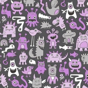 Monsters in Purple Lilac on Dark Grey