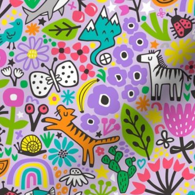 Floral Flowers & Animals Doodle on Purple