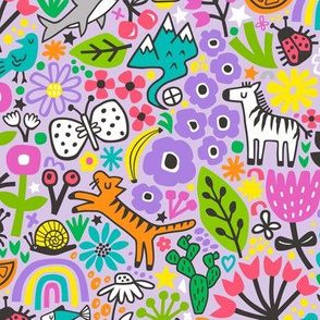 Floral Flowers & Animals Doodle on Purple