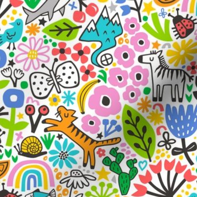 Floral Flowers & Animals Doodle on White