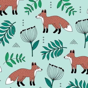 Cute brave little fox forest wild animals a flowers and leaves fall winter forest green mint