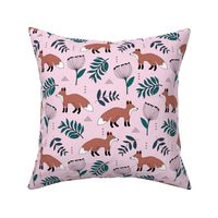 Cute brave little fox forest wild animals a flowers and leaves fall winter forest pink green