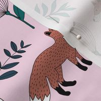 Cute brave little fox forest wild animals a flowers and leaves fall winter forest pink green