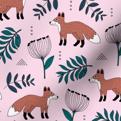 Cute brave little fox forest wild animals a flowers and leaves fall winter forest pink green