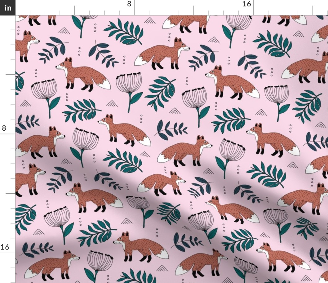 Cute brave little fox forest wild animals a flowers and leaves fall winter forest pink green