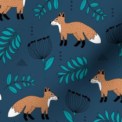 Cute brave little fox forest wild animals a flowers and leaves fall winter forest navy kaki