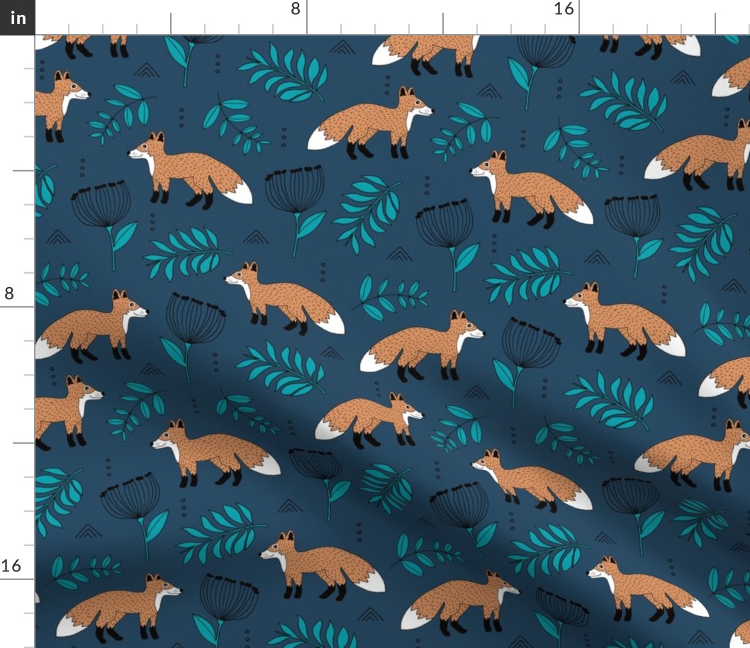 Cute brave little fox forest wild animals a flowers and leaves fall winter forest navy kaki