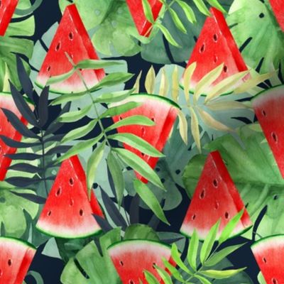 Watermelon slices with tropical leaves