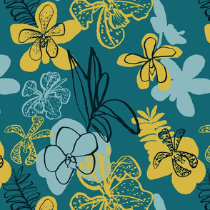 golden orchids on teal background by rysunki_malunki