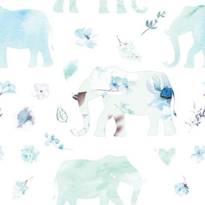 blue green elephant watercolor floral