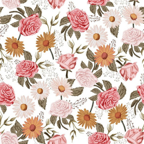 LARGE Symphony Rose - vintage floral fabric, muted floral fabric, nursery floral, earth tone palette, trendy floral design, rose fabric, daisy fabric, baby girl fabric