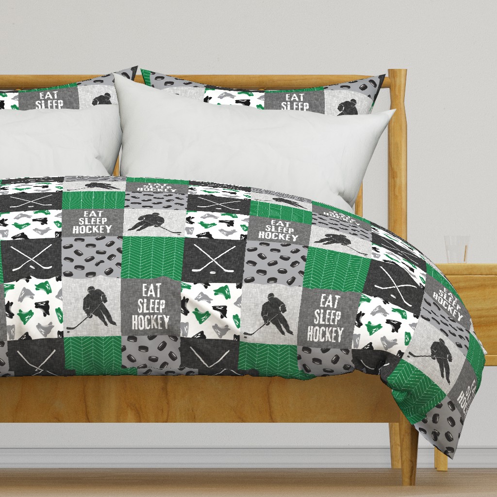 Eat Sleep Hockey - Ice Hockey Patchwork - Hockey Nursery - Wholecloth green, black, and grey - LAD19