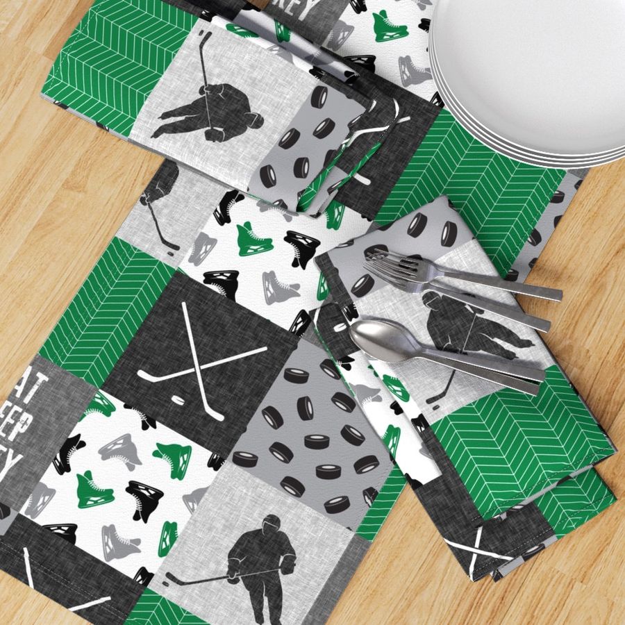 Eat Sleep Hockey - Ice Hockey Patchwork - Hockey Nursery - Wholecloth green, black, and grey - LAD19