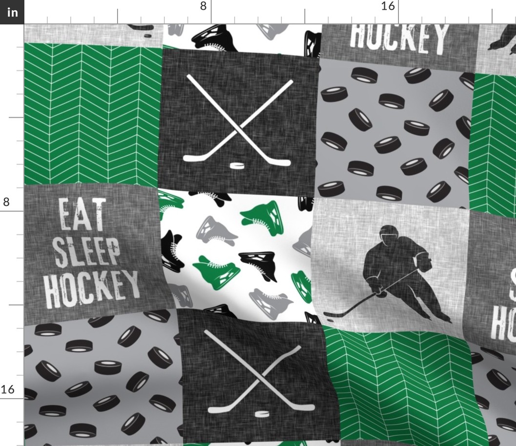 Eat Sleep Hockey - Ice Hockey Patchwork - Hockey Nursery - Wholecloth green, black, and grey - LAD19