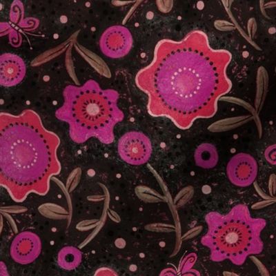 Folk Art Flowers Magenta and Black