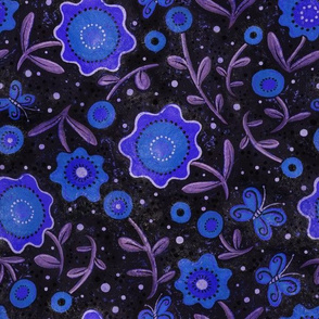 Folk Art Flowers Blue and Black