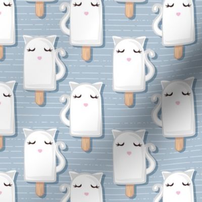 Small scale // Kawaii Kitty Ice Creams // white cat popsicles on pastel blue background