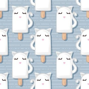 Small scale // Kawaii Kitty Ice Creams // white cat popsicles on pastel blue background