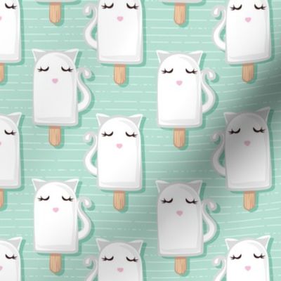 Small scale // Kawaii Kitty Ice Creams // white cat popsicles on aqua background