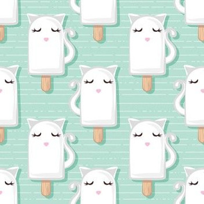 Small scale // Kawaii Kitty Ice Creams // white cat popsicles on aqua background