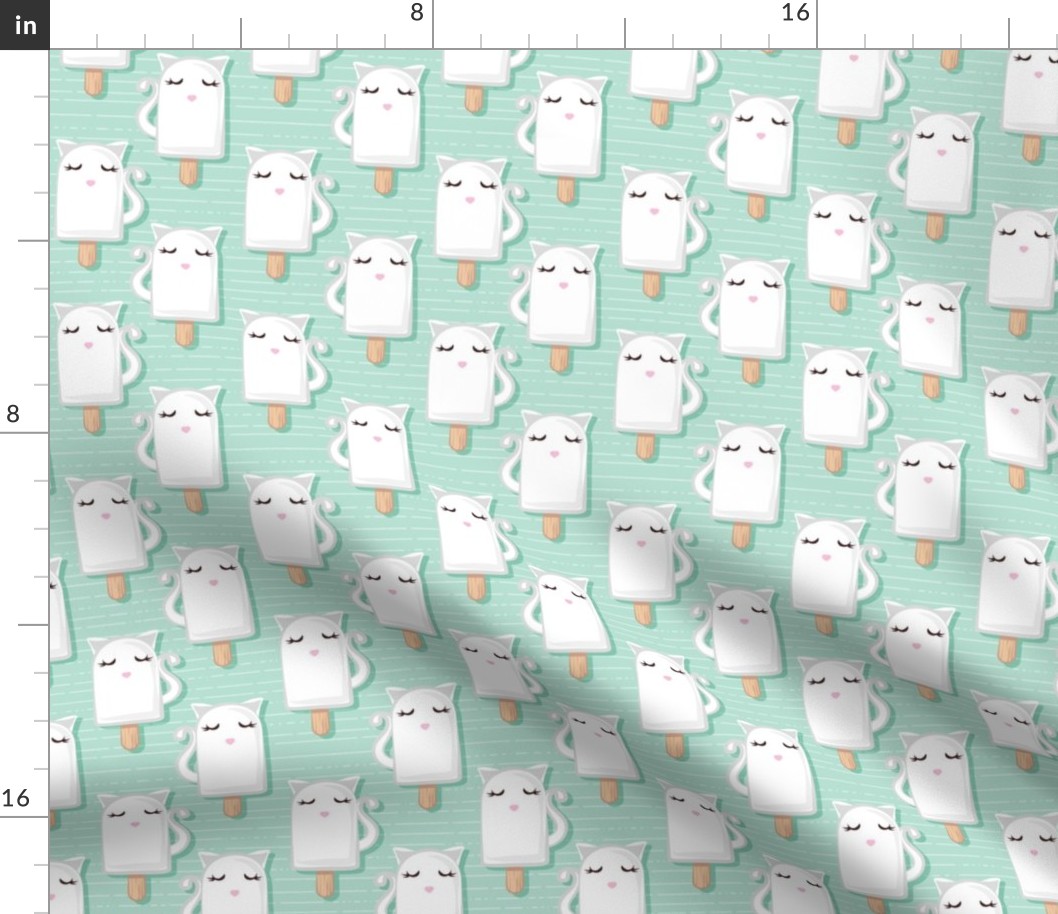 Small scale // Kawaii Kitty Ice Creams // white cat popsicles on aqua background