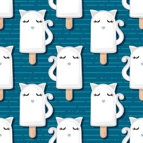Kawaii Kitty Ice Creams // small scale // white cat popsicles on turquoise background