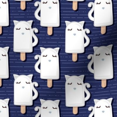 Kawaii Kitty Ice Creams // small scale // white cat popsicles on navy blue background